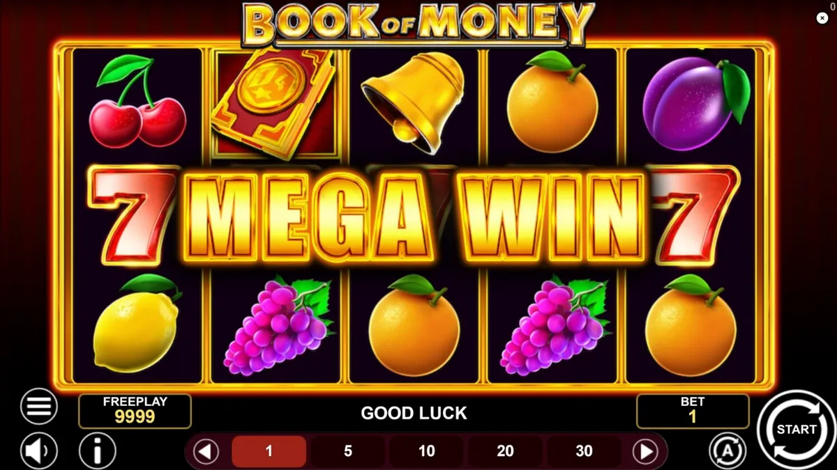 Interface do jogo Book of Money com símbolos de frutas e livros antigos