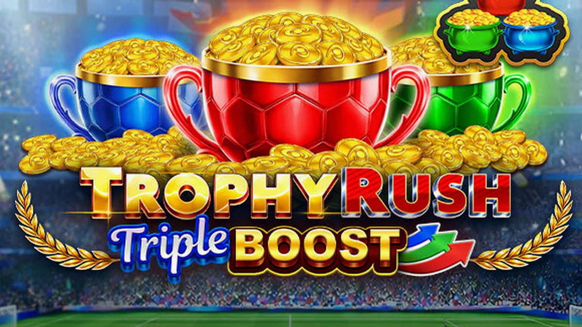 Interface do jogo de slot Trophy Rush Triple Boost com moedas douradas e elementos de estádio