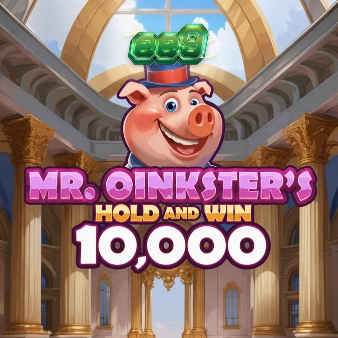 Interface colorida do jogo Mr. Oinkster’s Hold & Win 10,000 com símbolos de moedas e porquinhos.